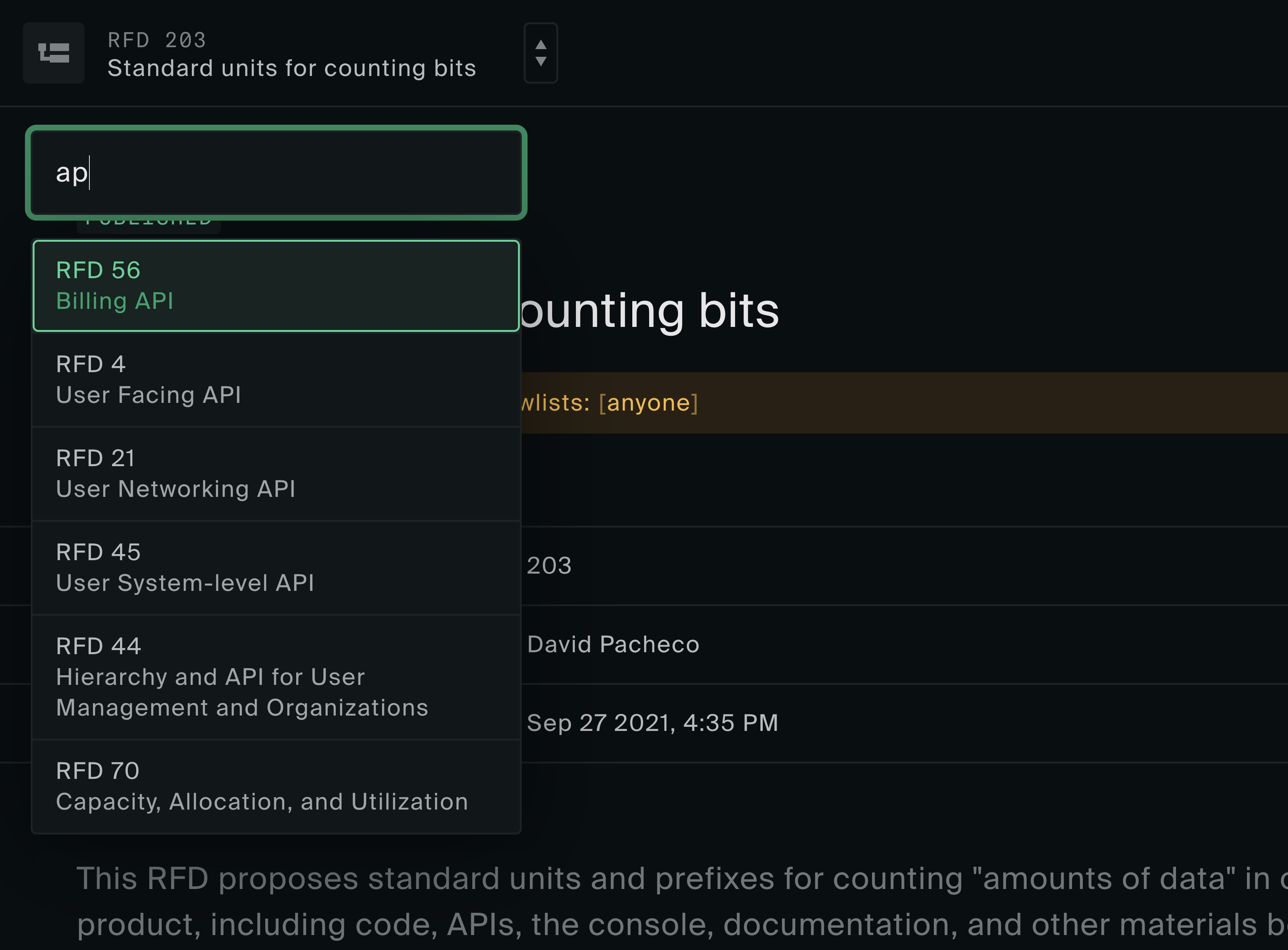 Navigation modal that shows a list of RFDs being filtered by an input