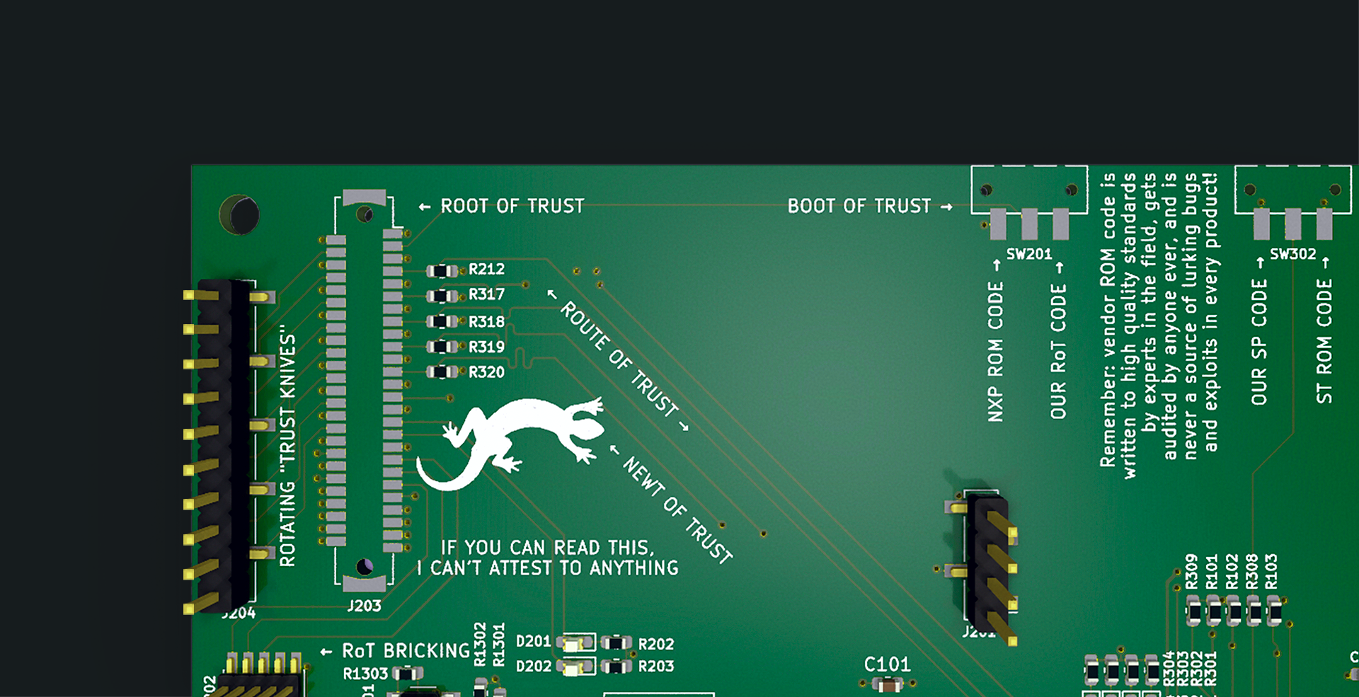 Gemini Bring up board with silkscreen riffing on Root of Trust vs Route of Trust vs Newt of Trust as well as pointing out the untrustworthiness of vendor boot ROMs